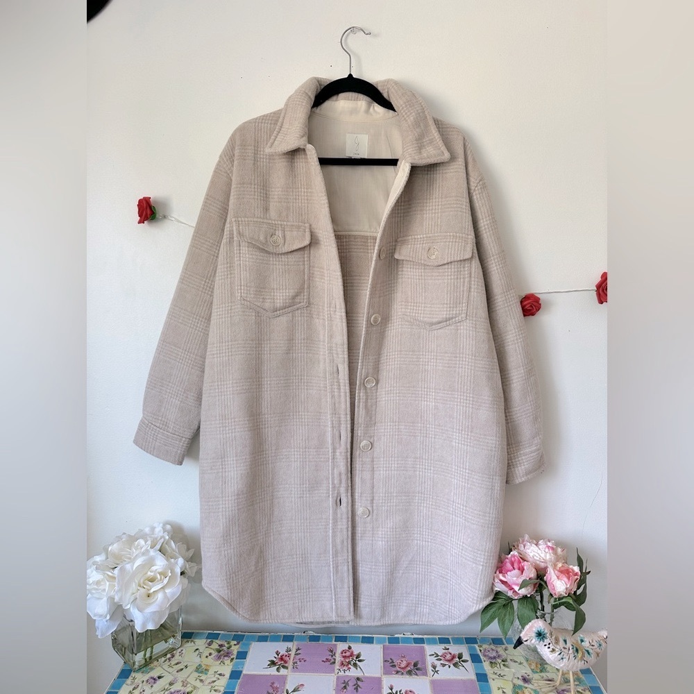 Joie Cream Plaid Neutral Long Button Down Shacket Coat L - Picture 2 of 9